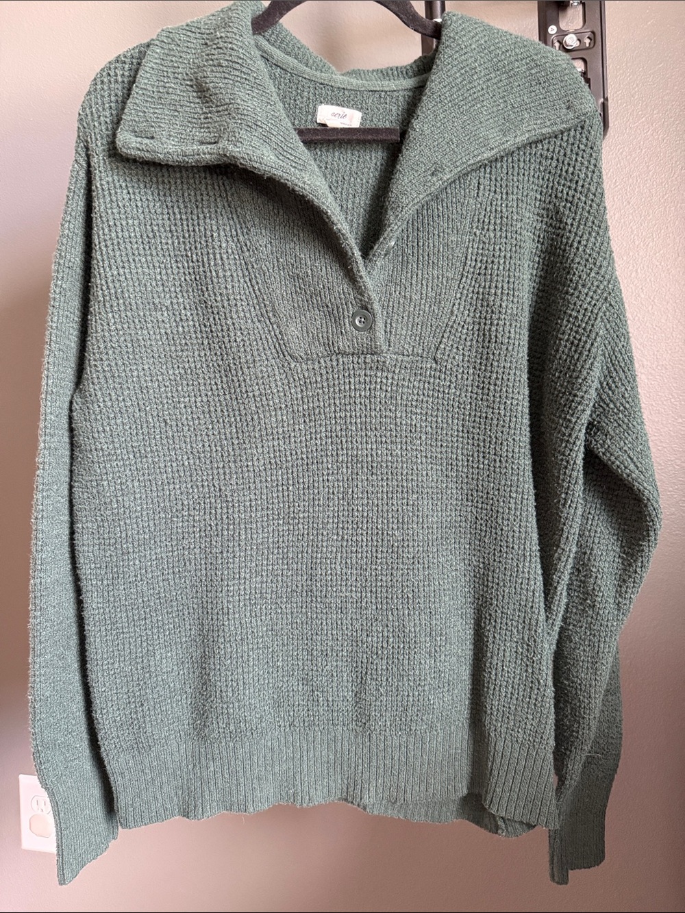 aerie Green Waffle-Knit Pullover with Button Placket